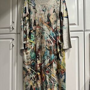 INOAH Heather Gray Multicolor Abstract Artful Long Sleeve Dress Sz XL